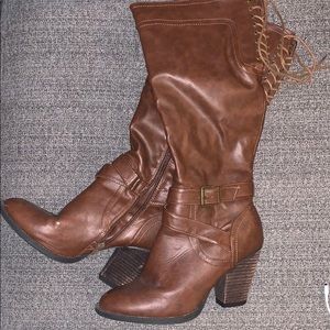 Brown Wide Calf Heeled Boots